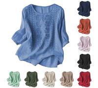 Blusa de lino para mujer, manga 3/4, cuello redondo, blusa con botones, elegante, holgada, bordado, estampado floral, color liso, parte superior de verano, ligera, tradicional, A01blue, L