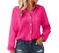 Blusa de lino para mujer, manga larga, cuello en V, botones y bolsillos, túnica de lino, gran tamaño, suelta, transpirable, top de verano, camisa de gasa de algodón, blusa para mujer, elegante y