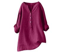 Blusa de lino para mujer, manga larga, muselina, elegante, con botones, túnica, monocolor, manga larga, algodón y lino, tallas grandes, para primavera, transpirable, verano, P-ink, XXXL