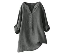 Blusa de lino para mujer, manga larga, muselina, elegante, con botones, túnica, monocolor, manga larga, algodón y lino, tallas grandes, para primavera, transpirable, verano, gris, 5X-Large