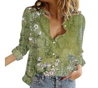 Blusa de lino para mujer, verano, muselina, blusa de algodón, blusa elegante, moda de verano, estampado de flores, blusa larga, blusa de gran tamaño, cuello de pico, camisa de lino abotonada, verde, S