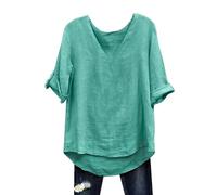 Blusa de lino y algodón con manga casquillo para mujer, blusa de lino de algodón bordada floral, a la moda, holgada, color liso, casual, ligera, para verano, playa, para vacaciones, oficina, verde