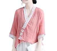 Blusa de lino y algodón estilo chino para mujer, estilo vintage, botones de rana, manga 3/4, cuello en V, asimétrica, Hanfu, ajuste holgado, túnica zen, ligera, verano, casual, uso diario, rosa, M