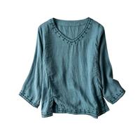 Blusa de lino y algodón para mujer, manga 3/4, bordada, informal, a la moda, holgada, para vacaciones, azul, L