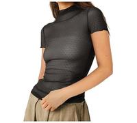 Blusa de Malla de Manga Corta con Capas y Cuello simulado, Bordado de Puntos, Transparente, para Mujer