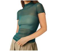 Blusa de Malla de Manga Corta con Capas y Cuello simulado, Bordado de Puntos, Transparente, para Mujer (Green, L)