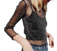 Blusa de Malla Transparente Mujer Top Manga Larga Lentejuelas Brillantes Camiseta Cuello Redondo Ajustada Ropa Sexy para Fiesta Club Nocturno Festival Cóctel Prenda Elegante