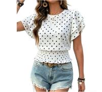 Blusa de manga abombada con estampado de lunares para mujer, cuello redondo, dobladillo con volantes, manga corta, ajuste delgado, lazo lateral, blusa de moda de verano para viajes casuales de