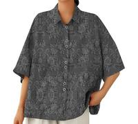 Blusa de manga corta con botones para mujer, estilo casual, con patrón nórdico, ajuste holgado, para uso diario, gris oscuro, L