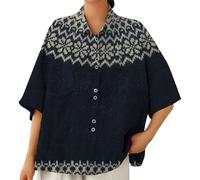 Blusa de manga corta con botones para mujer, estilo casual, con patrón nórdico, ajuste holgado, para uso diario, azul oscuro, M