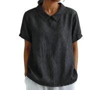 Blusa de manga corta con cuello de solapa para mujer, estilo vintage, holgada, casual, ligera, lisa, para mujer, uso diario del Reino Unido, Negro, XL