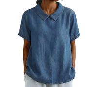 Blusa de manga corta con cuello de solapa para mujer, estilo vintage, holgada, casual, ligera, lisa, para mujer, uso diario del Reino Unido, azul, M