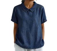 Blusa de manga corta con cuello de solapa para mujer, estilo vintage, holgada, casual, ligera, lisa, para mujer, uso diario del Reino Unido, azul oscuro, M
