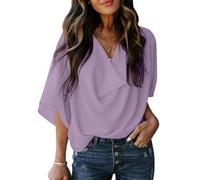 Blusa de manga corta con cuello en V de gasa casual para mujer Camisas de una sola tinta Top de mujer Camisetas de gasa sexy Camisetas casuales anchas Blusas Top oversize Túnica Top de gasa, XL