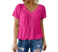 Blusa de manga corta con cuello en V para mujer, casual, plisada, casual, ajuste holgado, para verano, ligera, para el trabajo, uso diario, hot pink, M