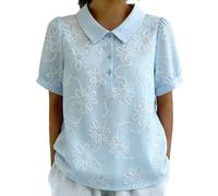 Blusa de manga corta con cuello Peter Pan para mujer, diseño de bordado floral, botones frontales, ajuste holgado, para uso casual de verano, uso diario en la oficina, azul claro, M