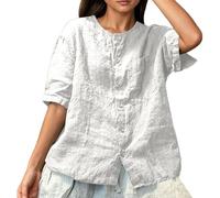 Blusa de Manga Corta, Corte Holgado, Informal, Cuello Redondo, túnica de Verano, Extragrande, Relajada, fluida, con Frente Abierto, Ligera, Transpirable, Suave y cómoda. (White, M)