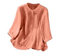 Blusa de manga corta de lino para mujer, con botones, cuello en V, casual, holgada, de moda, holgada, color liso, casual, con botones, cuello en V, elegante, casual, holgada, naranja, XXL