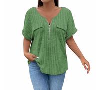 Blusa de manga corta para mujer, con cuello en V, estilo informal, de moda, de verano, ajuste holgado, con cremallera, 1a-verde, XL