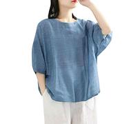 Blusa de manga corta para mujer, informal, de algodón, de lino, de manga corta, holgada, azul, 4XL
