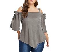 Blusa de manga corta para mujer, tallas grandes, elegante, túnica de encaje, sexy, hombros descubiertos, camiseta monocolor, blusa de otoño, verano, túnica, camiseta básica para mujeres gorditas, gris
