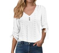 Blusa de manga enrollada para mujer, cuello en V, botones, casual, ligera, lisa, holgada, para uso diario, oficina, vacaciones, blanco, M