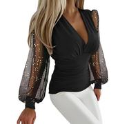 Blusa de manga larga abombada con cuello en V profundo para mujer, cintura elástica, fruncida, corte bajo, camiseta corta de manga corta para mujer, Reino Unido, Negro, XXL