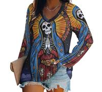 Blusa de manga larga con cuello en V y cuello en V para mujer, estilo gótico, de Santa-Muertes, ajuste holgado, Estilo:, 5XL
