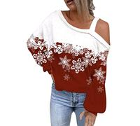 Blusa de manga larga con estampado de copo de nieve para mujer, con hombros descubiertos, color negro, Blanco, XXL
