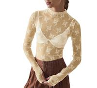 Blusa de manga larga con malla superpuesta de encaje floral para mujer, sexy 2026, bordada floral, superposición, ajustada, transparente, cuello alto falso, camiseta de capas con flores, beige, M