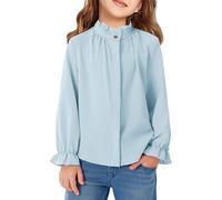 Blusa de manga larga con volantes para niñas, estilo abotonado para niños, camisa de vestir lista para uniforme, elegante detalle de volantes, se adapta a edades de 5 a 14 años, perfecta para la