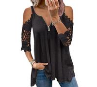 Blusa de Manga Larga/Corta para Mujer, Blusa con Hombros Descubiertos, Camiseta de Encaje, Manga Corta con Cremallera, Cuello en V, Blusa Suelta con Tirantes y Hombros Descubiertos, Camisetas básicas