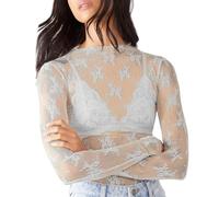 Blusa de manga larga de malla de encaje transparente para mujer, superposición de encaje floral 2026, blusa ajustada con bordado floral, bonita capa de malla con cuello alto, diseño de flores, sexy