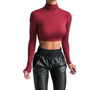 Blusa de manga larga de ombligo de color liso con cuello alto para camiseta de manga larga y delgada, rojo, L