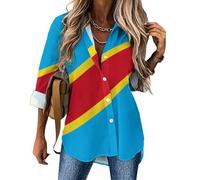 Blusa de Manga Larga Mujer Patriótico Camisa Abotonada Suelto Bandera de la República Democrática del Congo Túnica con Cuello en V para Fiesta Informal Oficina
