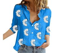Blusa de manga larga para mujer, camiseta de manga larga, informal, de algodón, túnica, informal, transpirable, corta, cuello en V, elegante, azul, XXL