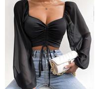 Blusa de manga larga para mujer, cuello en V, gasa, patchwork, cordón, mangas de linterna, cintura ajustada, informal, para primavera, uso diario, negro (XL es negro)