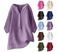Blusa de manga larga para mujer, de algodón, elegante, larga, de muselina, manga larga, cuello alto, de lino, suelta, con botones, tallas grandes, túnica grande, Rosa intenso., XXXL