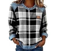 Blusa de manga larga para mujer, elegante, para el tiempo libre, blusa vaquera, informal, camiseta de manga larga, blusa ligera, vintage, moderna, informal, patchwork, ropa de calle, Negro , XXL