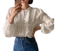 Blusa de manga larga plisada con cuello redondo para mujer, elegante, casual, vintage, elegante, floral, detalle de encaje, para oficina, uso diario, blanco, S