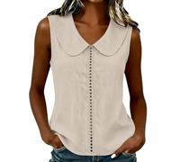 Blusa de mezcla de algodón sin mangas con cuello Peter Pan para mujer, diseño entallado, tela transpirable, estilo vintage, informal, unicolor, para verano, uso diario, beige, XXL