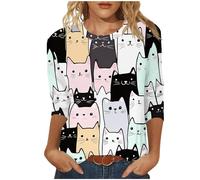 Blusa de moda para mujer, manga 3/4, estampado de gato, ligera, cuello redondo, longitud tres cuartos, ajuste holgado, lindas camisetas casuales para mujeres y niñas, 005 y blanco, L