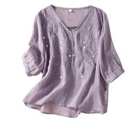Blusa de mujer 2026 para mujer, con mangas de cinco puntos, bordado suelto, camiseta de algodón literario, elegante color liso, parte superior negra, morado, XXL
