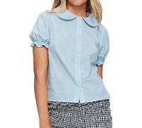 Blusa de mujer con cuello de Peter Pan con botones, color liso, cuello de muñeca, manga corta, estilo preppy, camisetas babydoll, azul, S