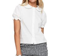 Blusa de mujer con cuello de Peter Pan con botones, color liso, cuello de muñeca, manga corta, estilo preppy, camisetas babydoll, Blanco, L