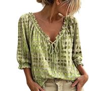 Blusa de mujer con lunares con cordones, manga 3/4, cuello en V, blusa de campesino con patrón geométrico abstracto, blusa informal con volantes de verano fluidos, camiseta ligera para uso al aire