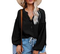 Blusa de mujer con volantes, manga larga, cuello en V, botones, color liso, estilo casual, para otoño.