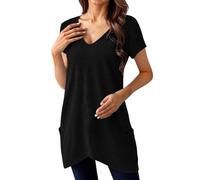 Blusa de mujer de gran tamaño chic - Camiseta larga casual camiseta suave con escote en V Blusa con dos bolsillos, camiseta de ocio al aire libre Top elástico camiseta, Negro , S