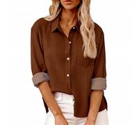 Blusa de mujer de manga larga de verano de gran tamaño, camiseta de manga larga para mujer, de algodón, a rayas, cuello en V, transpirable, con botones, elegante, blusa de verano, café, L