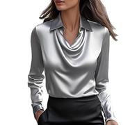 Blusa de mujer elegante y elegante blusa de satén camisas y blusas moda túnica blusa impresa/lisa ropa Funky camiseta casual manga larga blusas de noche de negocios Top, B-gris, XS